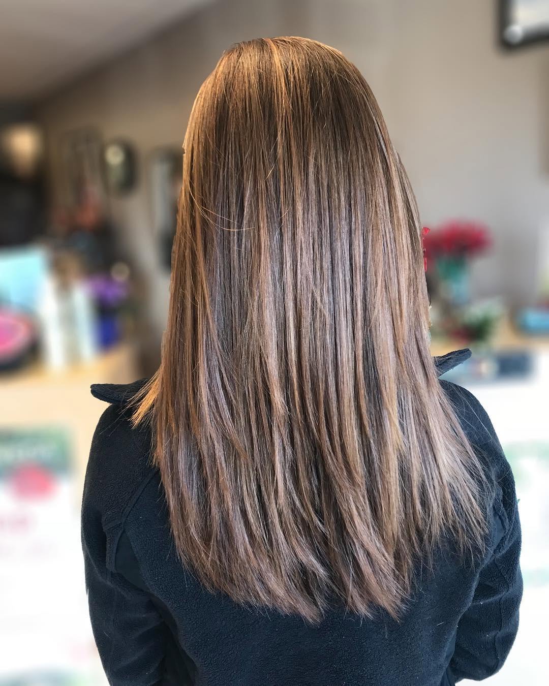 Glossy warm brunette color with red dimension by Jen at Cut Above Salon, Middletown NY